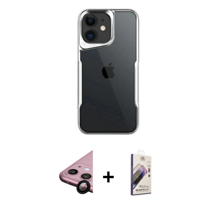MARSİLYAN™- iPhone 11 Kılıf Akış Çizgi Koleksiyonu - Siyah Bilvis 3D Mat Cam Ekran Koruyucu + Siyah Raze Metal Kamera Lens