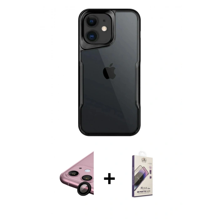 MARSİLYAN™- iPhone 11 Kılıf Akış Çizgi Koleksiyonu - Siyah Bilvis 3D Mat Cam Ekran Koruyucu + Siyah Raze Metal Kamera Lens