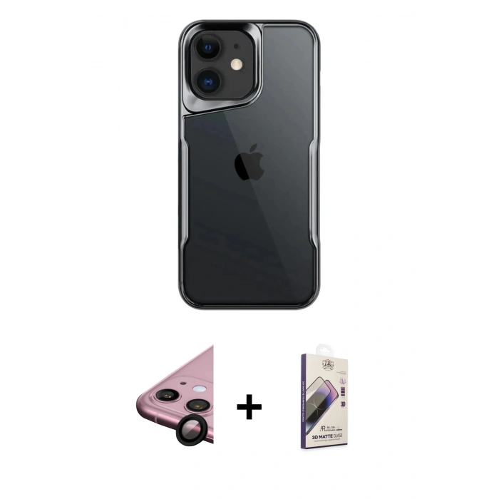 MARSİLYAN™- iPhone 11 Kılıf Akış Çizgi Koleksiyonu - Siyah Bilvis 3D Mat Cam Ekran Koruyucu + Siyah Raze Metal Kamera Lens