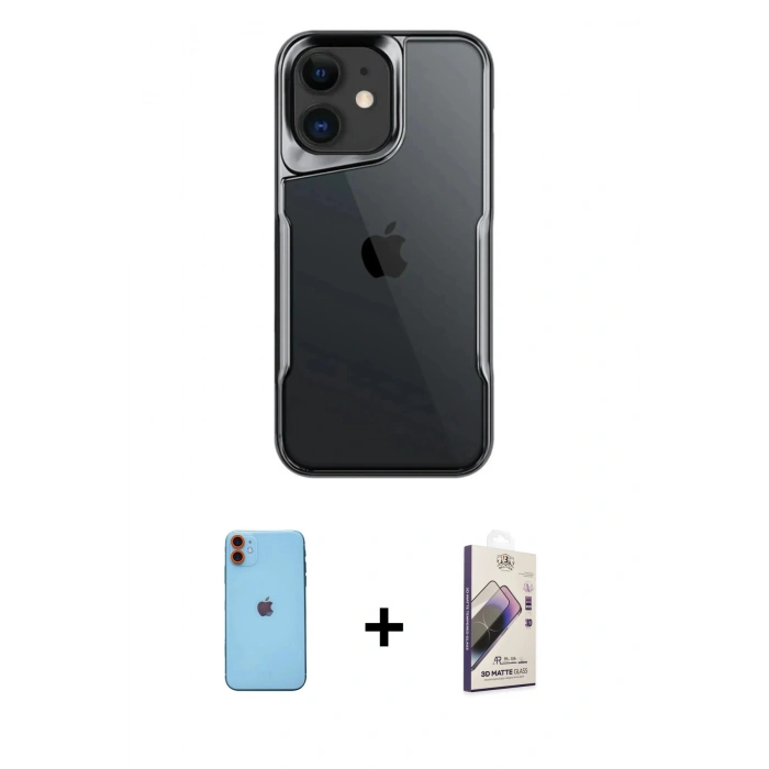 MARSİLYAN™- iPhone 11 Kılıf Akış Çizgi Koleksiyonu - Siyah Bilvis 3D Mat Cam Ekran Koruyucu + Turuncu Neon Fosforlu Kamera Lens