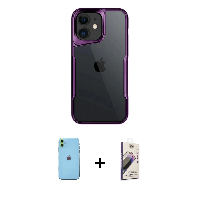 MARSİLYAN™- iPhone 11 Kılıf Akış Çizgi Koleksiyonu - Siyah Bilvis 3D Mat Cam Ekran Koruyucu + Neon Fosforlu Kamera Lens - YL