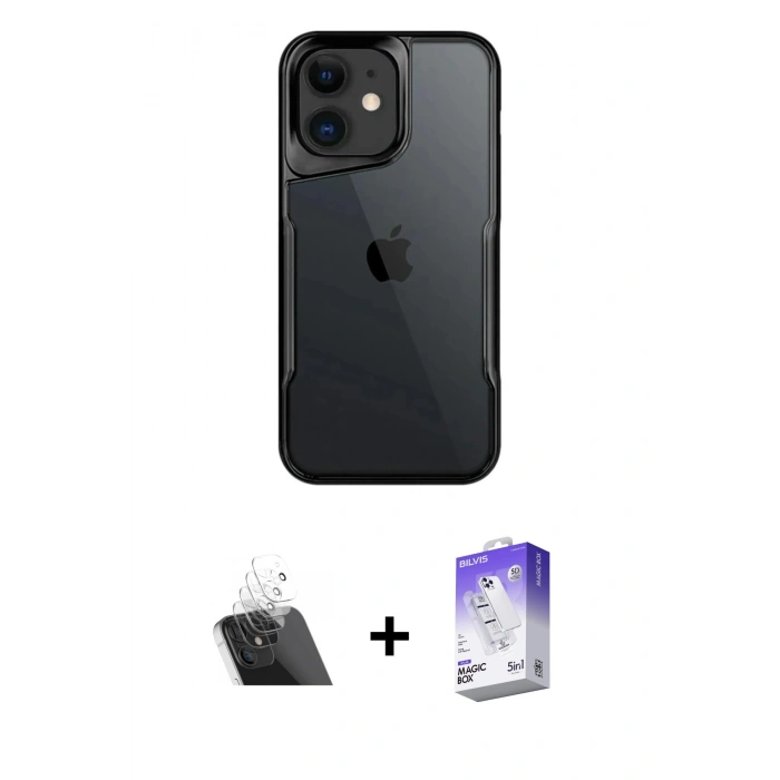 MARSİLYAN™- iPhone 11 Kılıf Akış Çizgi Koleksiyonu - Siyah Bilvis 5in1 3D Magic Cam Ekran Koruyucu + Kamera Lens Koruma Cam - SF