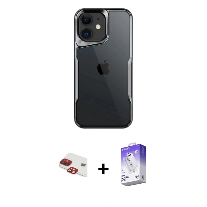 MARSİLYAN™- iPhone 11 Kılıf Akış Çizgi Koleksiyonu - Siyah Bilvis 5in1 3D Magic Cam Ekran Koruyucu + Pers Alüminyum Kamera Lens - KI