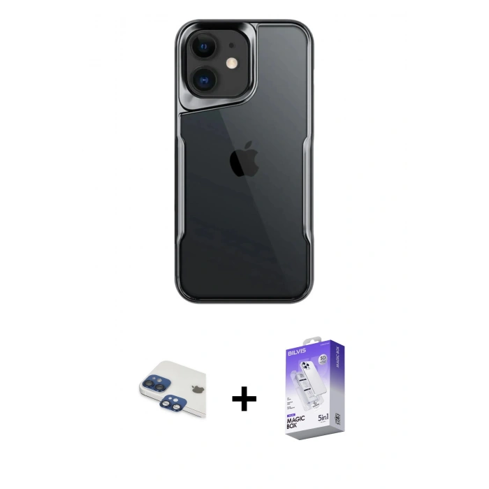 MARSİLYAN™- iPhone 11 Kılıf Akış Çizgi Koleksiyonu - Siyah Bilvis 5in1 3D Magic Cam Ekran Koruyucu + Pers Alüminyum Kamera Lens - LT