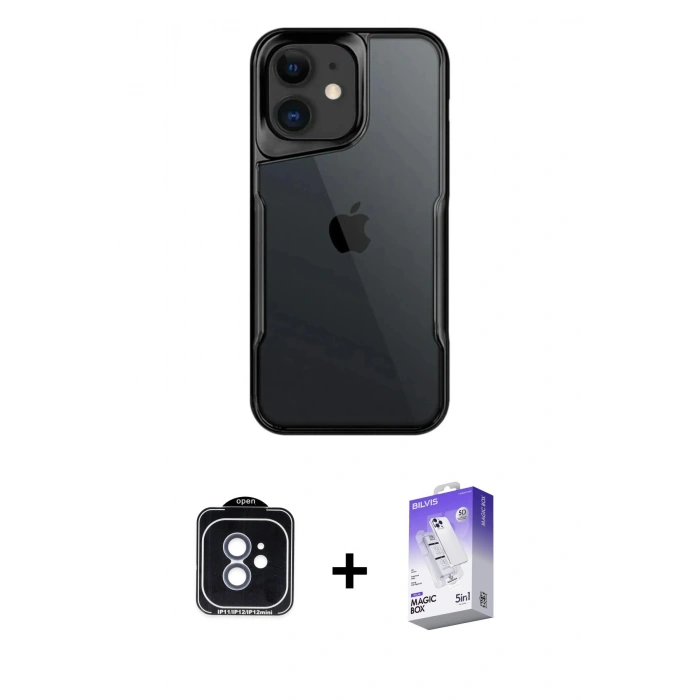 MARSİLYAN™- iPhone 11 Kılıf Akış Çizgi Koleksiyonu - Siyah Bilvis 5in1 3D Magic Cam Ekran Koruyucu + PVD Metal Kamera Lens - MI