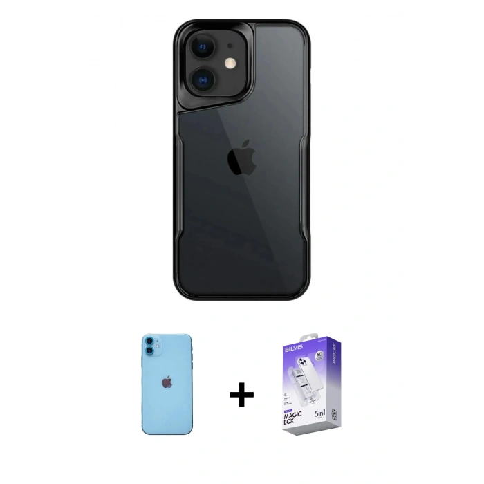 MARSİLYAN™- iPhone 11 Kılıf Akış Çizgi Koleksiyonu - Siyah Bilvis 5in1 3D Magic Cam Ekran Koruyucu + Neon Fosforlu Kamera Lens - MI