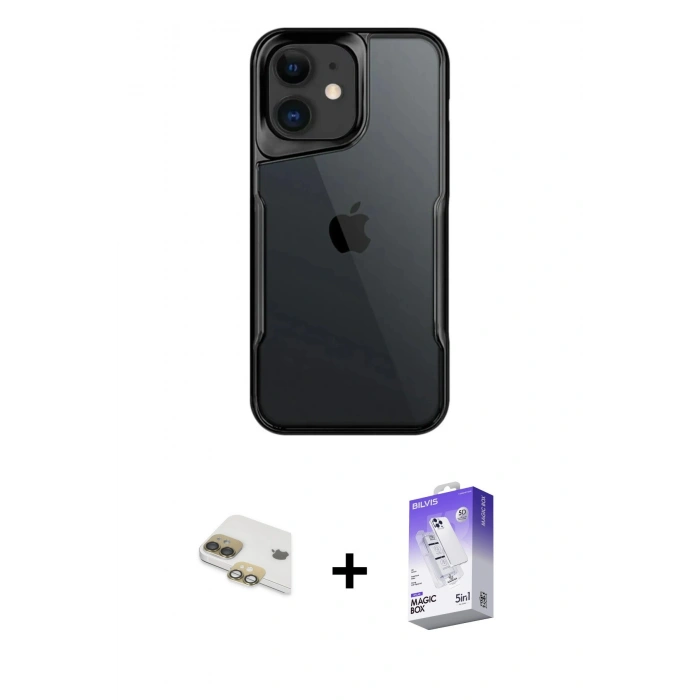 MARSİLYAN™- iPhone 11 Kılıf Akış Çizgi Koleksiyonu - Siyah Bilvis 5in1 3D Magic Cam Ekran Koruyucu + Pers Alüminyum Kamera Lens - GD