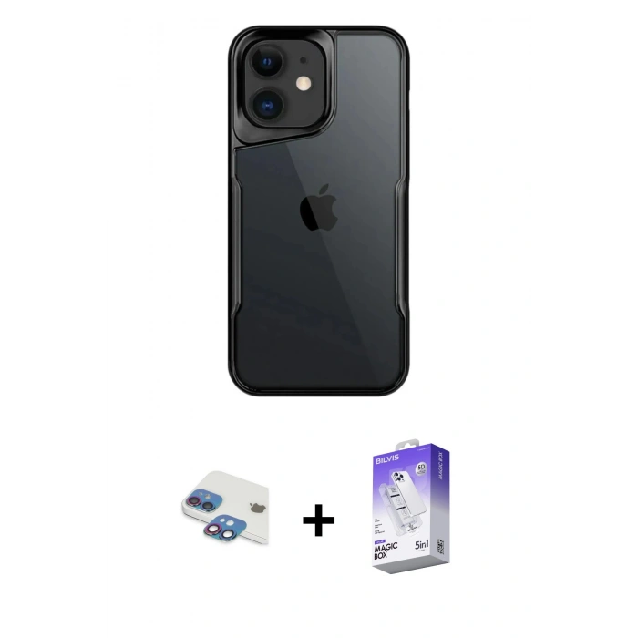 MARSİLYAN™- iPhone 11 Kılıf Akış Çizgi Koleksiyonu - Siyah Bilvis 5in1 3D Magic Cam Ekran Koruyucu + Pers Alüminyum Kamera Lens - GI