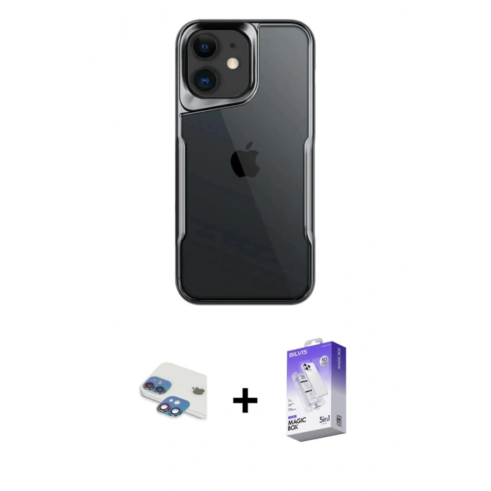 MARSİLYAN™- iPhone 11 Kılıf Akış Çizgi Koleksiyonu - Siyah Bilvis 5in1 3D Magic Cam Ekran Koruyucu + Pers Alüminyum Kamera Lens - GI