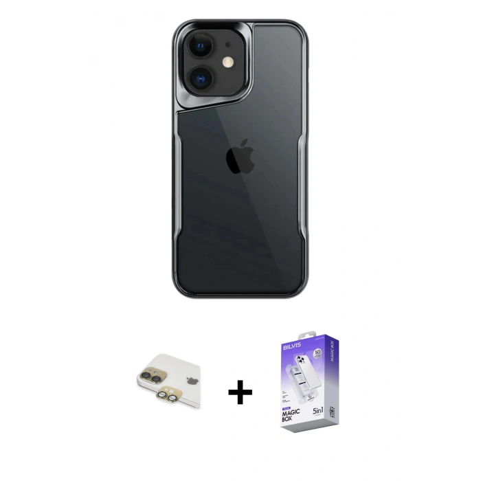 MARSİLYAN™- iPhone 11 Kılıf Akış Çizgi Koleksiyonu - Siyah Bilvis 5in1 3D Magic Cam Ekran Koruyucu + Pers Alüminyum Kamera Lens - GD
