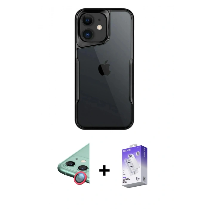 MARSİLYAN™- iPhone 11 Kılıf Akış Çizgi Koleksiyonu - Siyah Bilvis 5in1 3D Magic Cam Ekran Koruyucu + Raze Metal Kamera Lens - KI