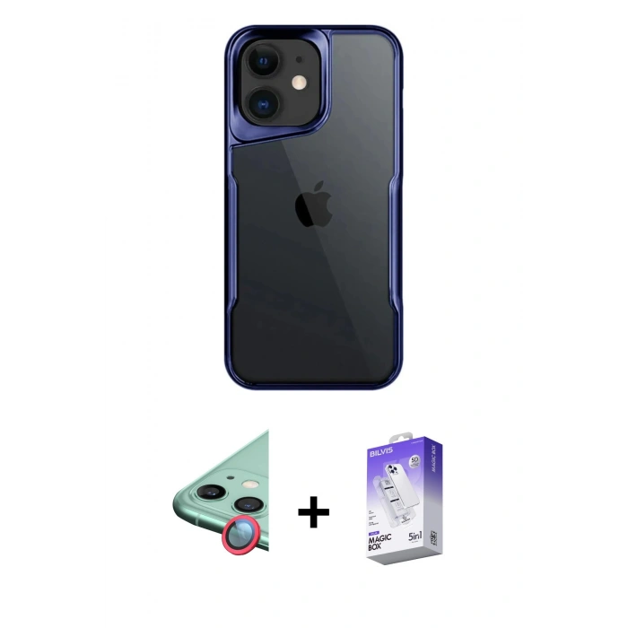 MARSİLYAN™- iPhone 11 Kılıf Akış Çizgi Koleksiyonu - Siyah Bilvis 5in1 3D Magic Cam Ekran Koruyucu + Raze Metal Kamera Lens - KI