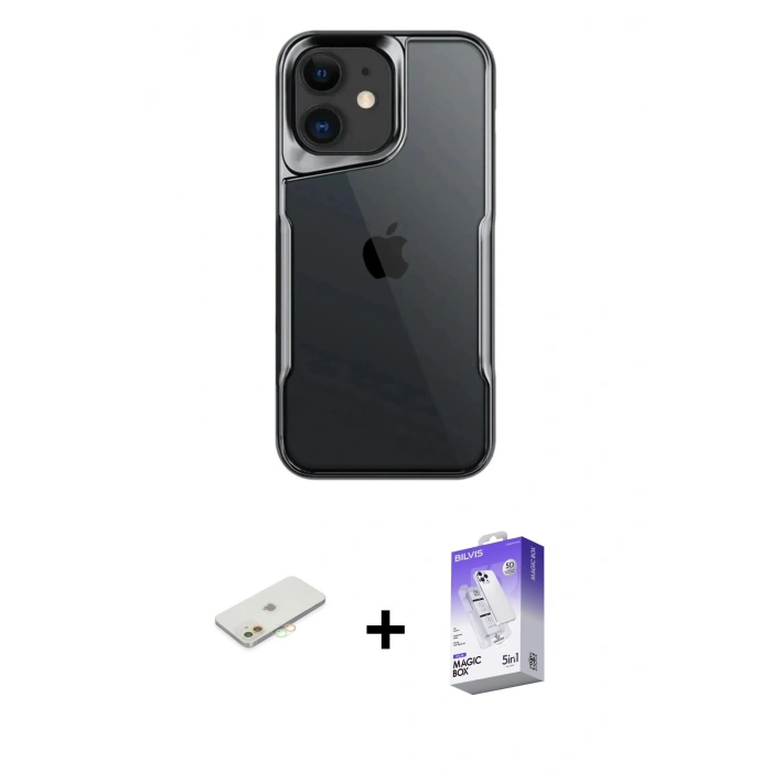 MARSİLYAN™- iPhone 11 Kılıf Akış Çizgi Koleksiyonu - Siyah Bilvis 5in1 3D Magic Cam Ekran Koruyucu + Renkli Kamera Lens Koruma Cam - TU