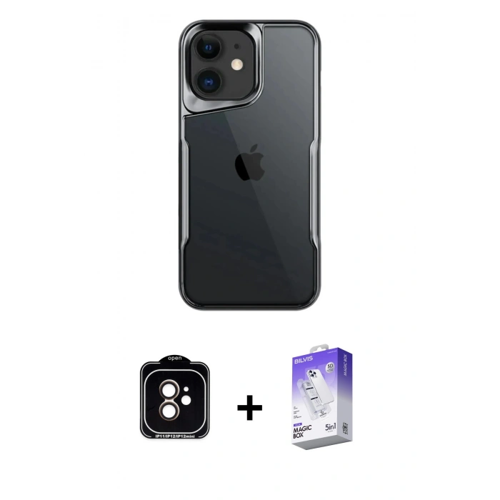MARSİLYAN™- iPhone 11 Kılıf Akış Çizgi Koleksiyonu - Siyah Bilvis 5in1 3D Magic Cam Ekran Koruyucu + PVD Metal Kamera Lens - TU