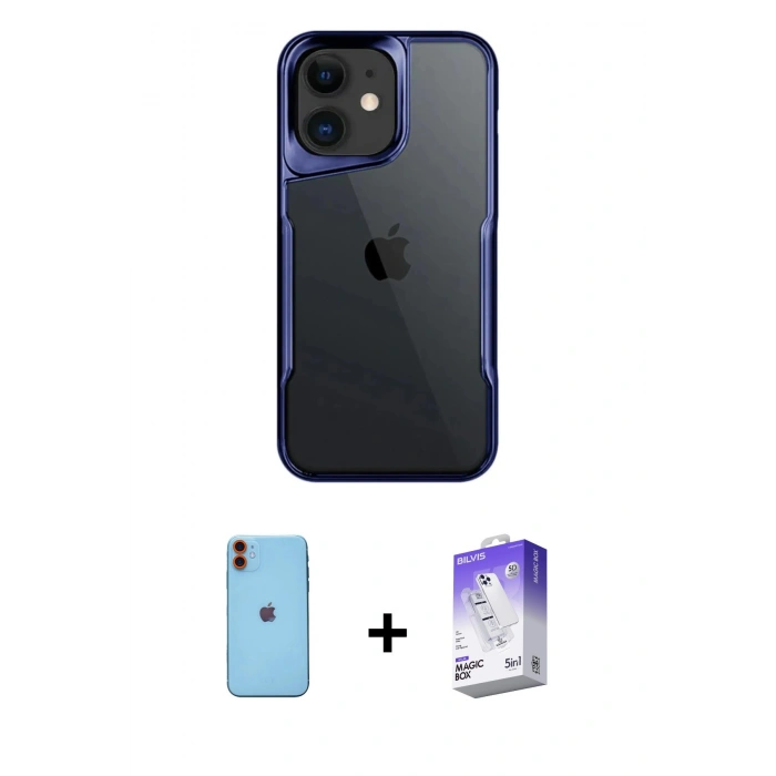 MARSİLYAN™- iPhone 11 Kılıf Akış Çizgi Koleksiyonu - Siyah Bilvis 5in1 3D Magic Cam Ekran Koruyucu + Neon Fosforlu Kamera Lens - TU