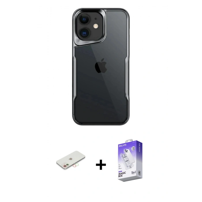 MARSİLYAN™- iPhone 11 Kılıf Akış Çizgi Koleksiyonu - Siyah Bilvis 5in1 3D Magic Cam Ekran Koruyucu + Renkli Kamera Lens Koruma Cam - YL