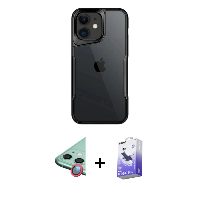 MARSİLYAN™- iPhone 11 Kılıf Akış Çizgi Koleksiyonu - Siyah Bilvis 5in1 5D Magic Hayalet Cam Ekran Koruyucu + Raze Metal Kamera Lens - KI