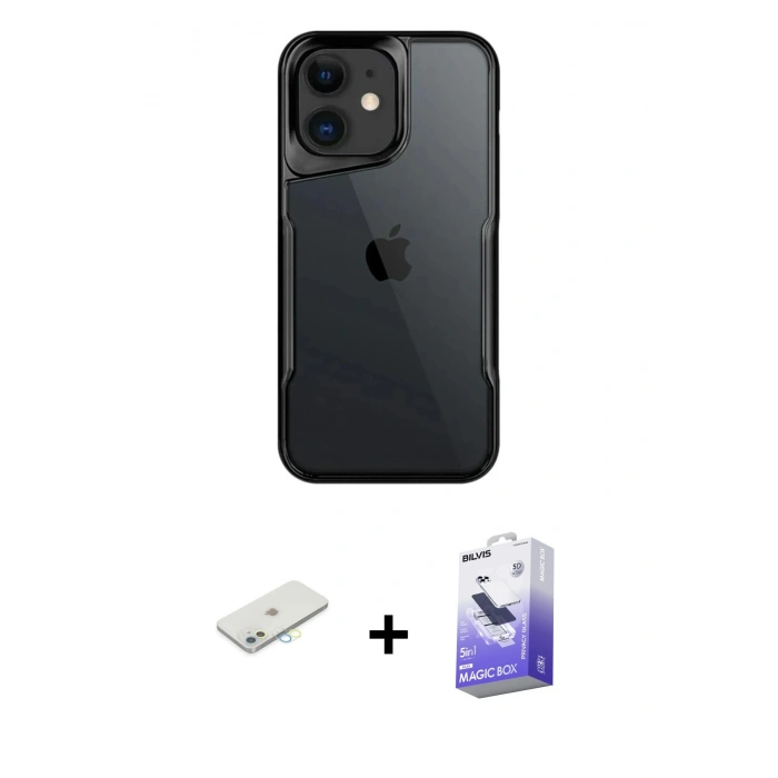 MARSİLYAN™- iPhone 11 Kılıf Akış Çizgi Koleksiyonu - Siyah Bilvis 5in1 5D Magic Hayalet Cam Ekran Koruyucu + Renkli Kamera Lens Koruma Cam - SI