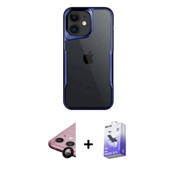 MARSİLYAN™- iPhone 11 Kılıf Akış Çizgi Koleksiyonu - Siyah Bilvis 5in1 5D Magic Hayalet Cam Ekran Koruyucu + Siyah Raze Metal Kamera Lens