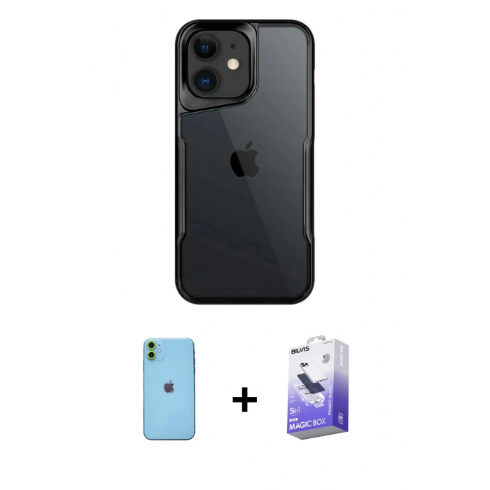 MARSİLYAN™- iPhone 11 Kılıf Akış Çizgi Koleksiyonu - Siyah Bilvis 5in1 5D Magic Hayalet Cam Ekran Koruyucu + Neon Fosforlu Kamera Lens - YL
