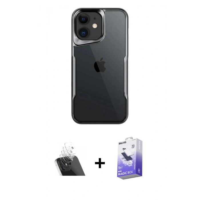 MARSİLYAN™- iPhone 11 Kılıf Akış Çizgi Koleksiyonu - Siyah Bilvis 5in1 5D Magic Hayalet Cam Ekran Koruyucu + Kamera Lens Koruma Cam - SF