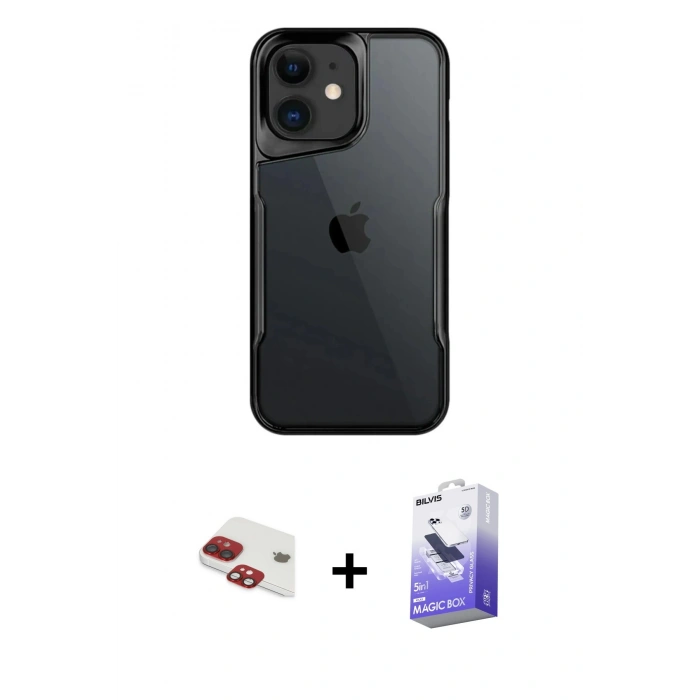 MARSİLYAN™- iPhone 11 Kılıf Akış Çizgi Koleksiyonu - Siyah Bilvis 5in1 5D Magic Hayalet Cam Ekran Koruyucu + Pers Alüminyum Kamera Lens - KI