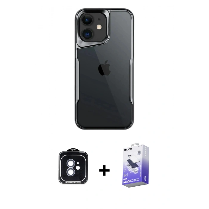 MARSİLYAN™- iPhone 11 Kılıf Akış Çizgi Koleksiyonu - Siyah Bilvis 5in1 5D Magic Hayalet Cam Ekran Koruyucu + PVD Metal Kamera Lens - MI