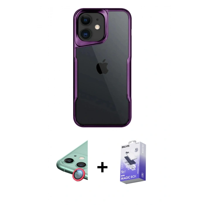 MARSİLYAN™- iPhone 11 Kılıf Akış Çizgi Koleksiyonu - Siyah Bilvis 5in1 5D Magic Hayalet Cam Ekran Koruyucu + Raze Metal Kamera Lens - KI