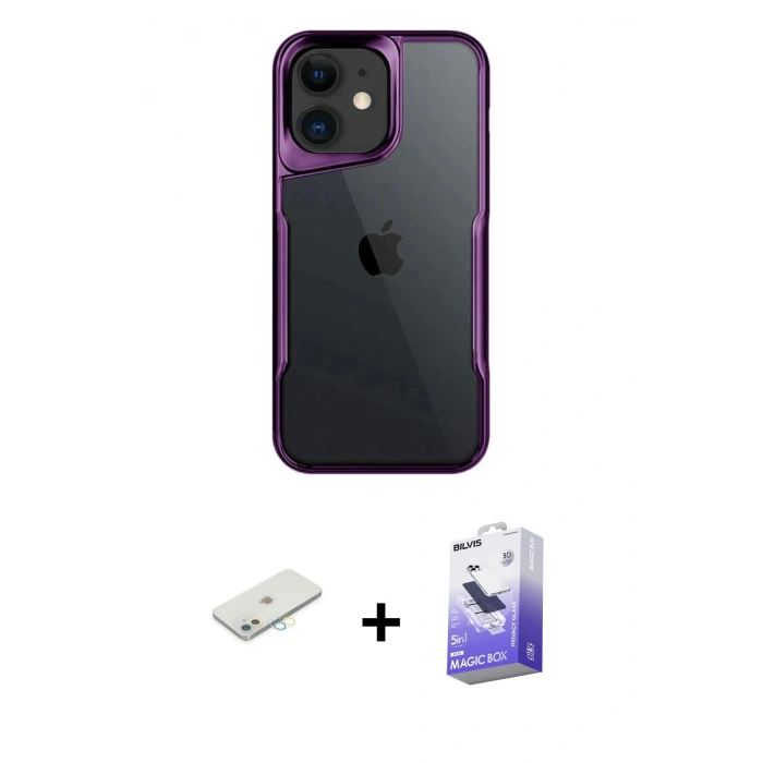MARSİLYAN™- iPhone 11 Kılıf Akış Çizgi Koleksiyonu - Siyah Bilvis 5in1 5D Magic Hayalet Cam Ekran Koruyucu + Renkli Kamera Lens Koruma Cam - SI