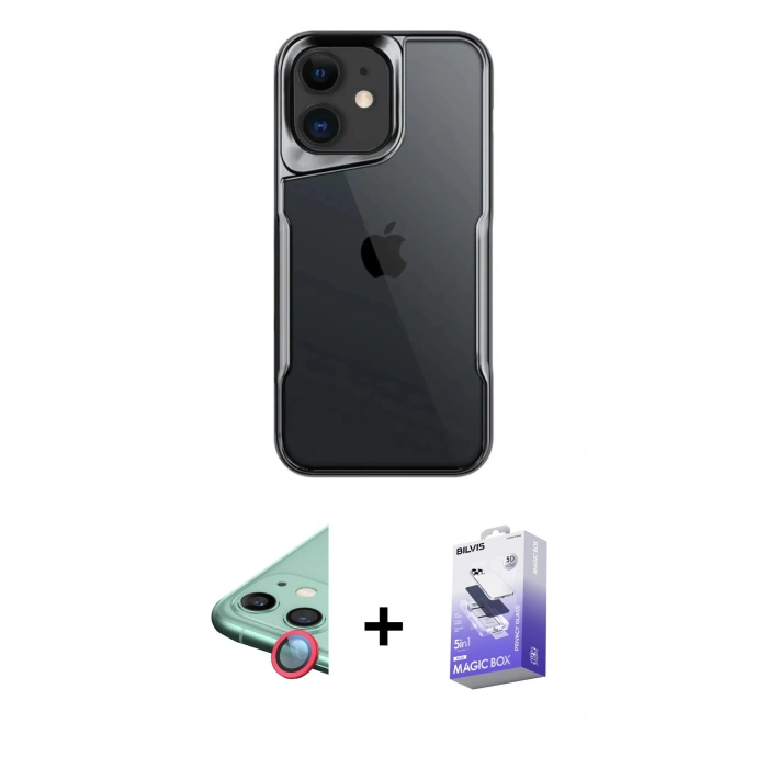 MARSİLYAN™- iPhone 11 Kılıf Akış Çizgi Koleksiyonu - Siyah Bilvis 5in1 5D Magic Hayalet Cam Ekran Koruyucu + Raze Metal Kamera Lens - KI