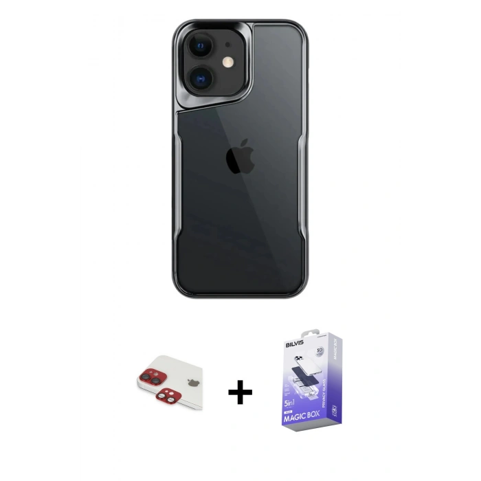 MARSİLYAN™- iPhone 11 Kılıf Akış Çizgi Koleksiyonu - Siyah Bilvis 5in1 5D Magic Hayalet Cam Ekran Koruyucu + Pers Alüminyum Kamera Lens - KI