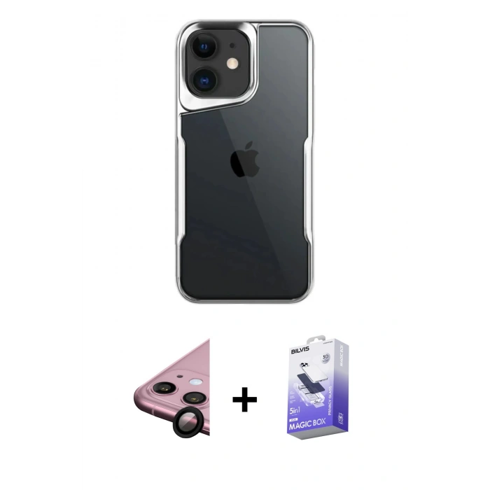 MARSİLYAN™- iPhone 11 Kılıf Akış Çizgi Koleksiyonu - Siyah Bilvis 5in1 5D Magic Hayalet Cam Ekran Koruyucu + Siyah Raze Metal Kamera Lens