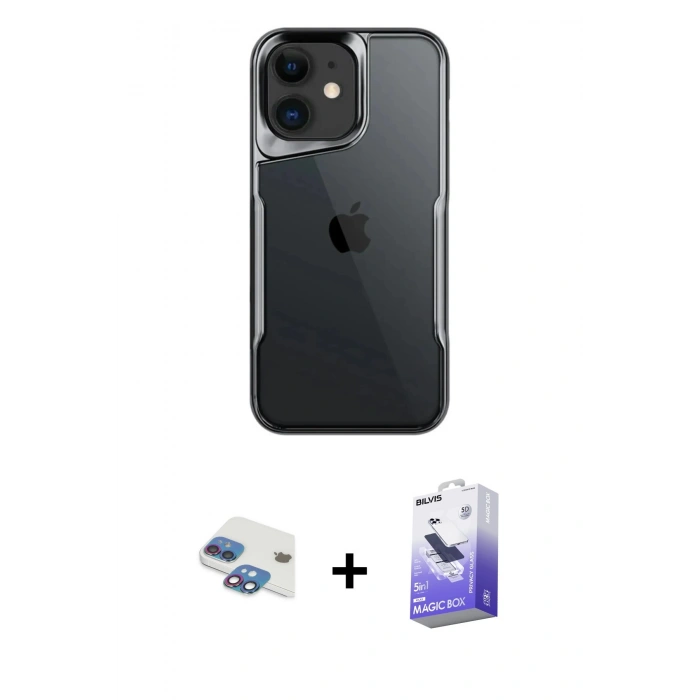 MARSİLYAN™- iPhone 11 Kılıf Akış Çizgi Koleksiyonu - Siyah Bilvis 5in1 5D Magic Hayalet Cam Ekran Koruyucu + Pers Alüminyum Kamera Lens - GI
