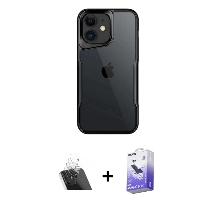 MARSİLYAN™- iPhone 11 Kılıf Akış Çizgi Koleksiyonu - Siyah Bilvis 5in1 5D Magic Hayalet Cam Ekran Koruyucu + Kamera Lens Koruma Cam - SF