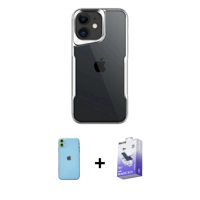 MARSİLYAN™- iPhone 11 Kılıf Akış Çizgi Koleksiyonu - Siyah Bilvis 5in1 5D Magic Hayalet Cam Ekran Koruyucu + Neon Fosforlu Kamera Lens - YL