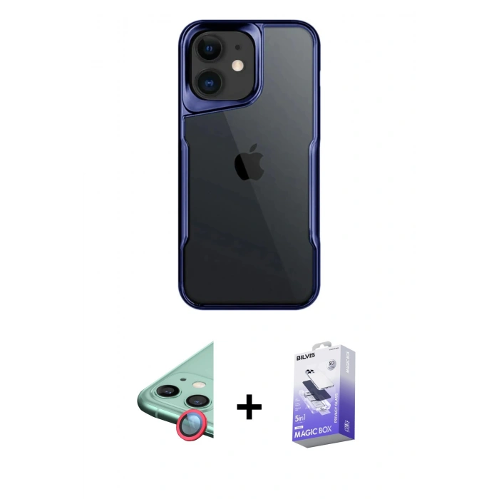 MARSİLYAN™- iPhone 11 Kılıf Akış Çizgi Koleksiyonu - Siyah Bilvis 5in1 5D Magic Hayalet Cam Ekran Koruyucu + Raze Metal Kamera Lens - KI