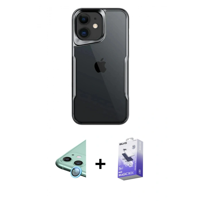 MARSİLYAN™- iPhone 11 Kılıf Akış Çizgi Koleksiyonu - Siyah Bilvis 5in1 5D Magic Hayalet Cam Ekran Koruyucu + Mavi Raze Metal Kamera Lens