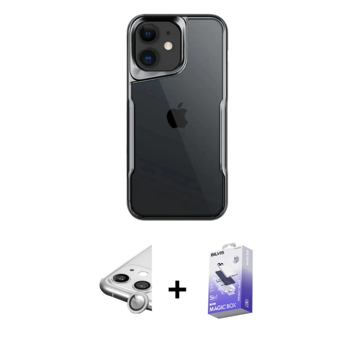 MARSİLYAN™- iPhone 11 Kılıf Akış Çizgi Koleksiyonu - Siyah Bilvis 5in1 5D Magic Hayalet Cam Ekran Koruyucu + Raze Metal Kamera Lens - GS