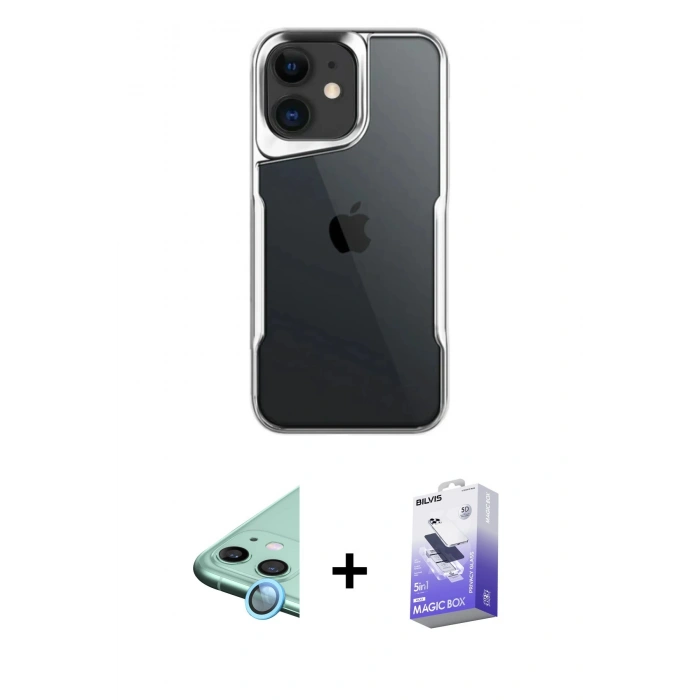 MARSİLYAN™- iPhone 11 Kılıf Akış Çizgi Koleksiyonu - Siyah Bilvis 5in1 5D Magic Hayalet Cam Ekran Koruyucu + Mavi Raze Metal Kamera Lens