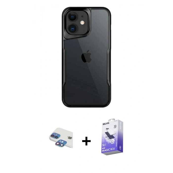 MARSİLYAN™- iPhone 11 Kılıf Akış Çizgi Koleksiyonu - Siyah Bilvis 5in1 5D Magic Hayalet Cam Ekran Koruyucu + Pers Alüminyum Kamera Lens - GI