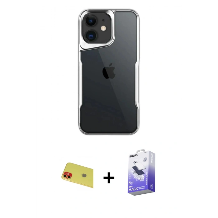 MARSİLYAN™- iPhone 11 Kılıf Akış Çizgi Koleksiyonu - Siyah Bilvis 5in1 5D Magic Hayalet Cam Ekran Koruyucu + Kırmızı Rainbow Kamera Lens Koruma Cam