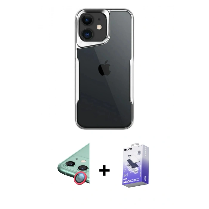 MARSİLYAN™- iPhone 11 Kılıf Akış Çizgi Koleksiyonu - Siyah Bilvis 5in1 5D Magic Hayalet Cam Ekran Koruyucu + Raze Metal Kamera Lens - KI
