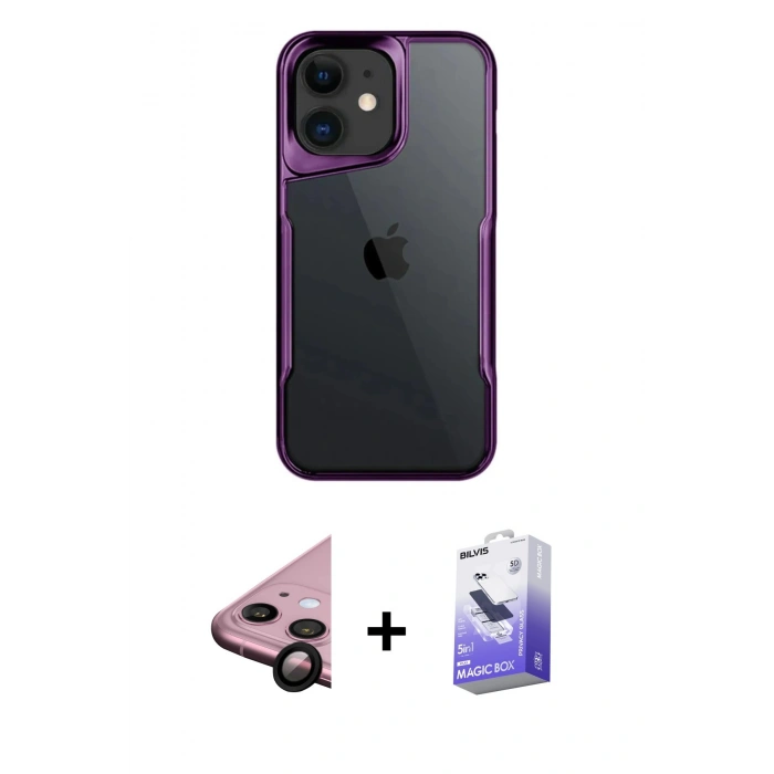 MARSİLYAN™- iPhone 11 Kılıf Akış Çizgi Koleksiyonu - Siyah Bilvis 5in1 5D Magic Hayalet Cam Ekran Koruyucu + Siyah Raze Metal Kamera Lens