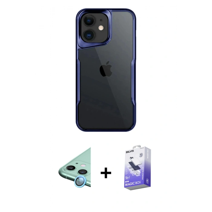 MARSİLYAN™- iPhone 11 Kılıf Akış Çizgi Koleksiyonu - Siyah Bilvis 5in1 5D Magic Hayalet Cam Ekran Koruyucu + Mavi Raze Metal Kamera Lens
