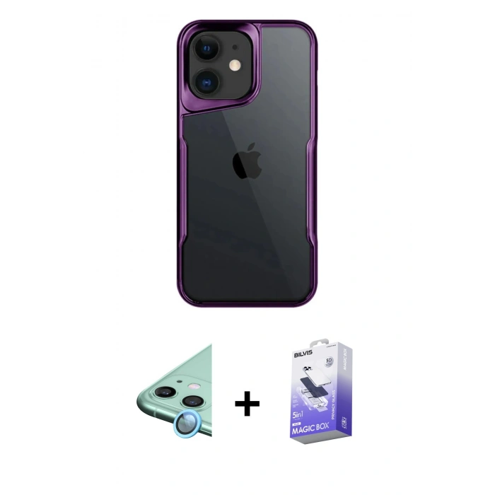 MARSİLYAN™- iPhone 11 Kılıf Akış Çizgi Koleksiyonu - Siyah Bilvis 5in1 5D Magic Hayalet Cam Ekran Koruyucu + Mavi Raze Metal Kamera Lens