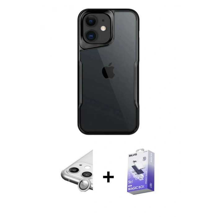 MARSİLYAN™- iPhone 11 Kılıf Akış Çizgi Koleksiyonu - Siyah Bilvis 5in1 5D Magic Hayalet Cam Ekran Koruyucu + Raze Metal Kamera Lens - GS