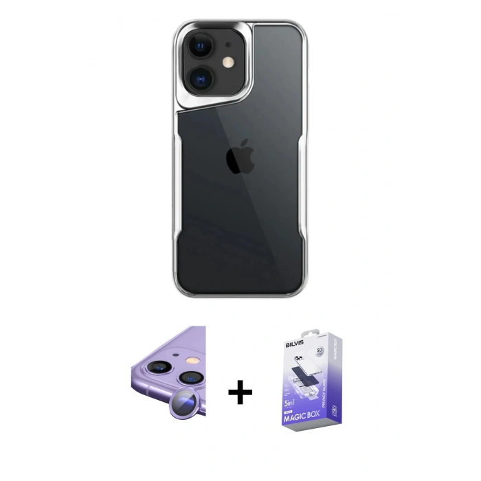 MARSİLYAN™- iPhone 11 Kılıf Akış Çizgi Koleksiyonu - Siyah Bilvis 5in1 5D Magic Hayalet Cam Ekran Koruyucu + Raze Metal Kamera Lens - MR