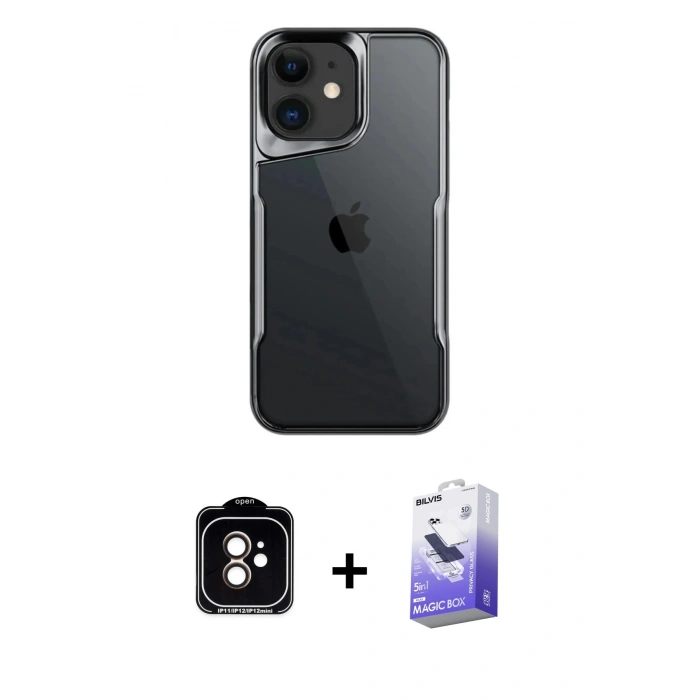 MARSİLYAN™- iPhone 11 Kılıf Akış Çizgi Koleksiyonu - Siyah Bilvis 5in1 5D Magic Hayalet Cam Ekran Koruyucu + PVD Metal Kamera Lens - TU