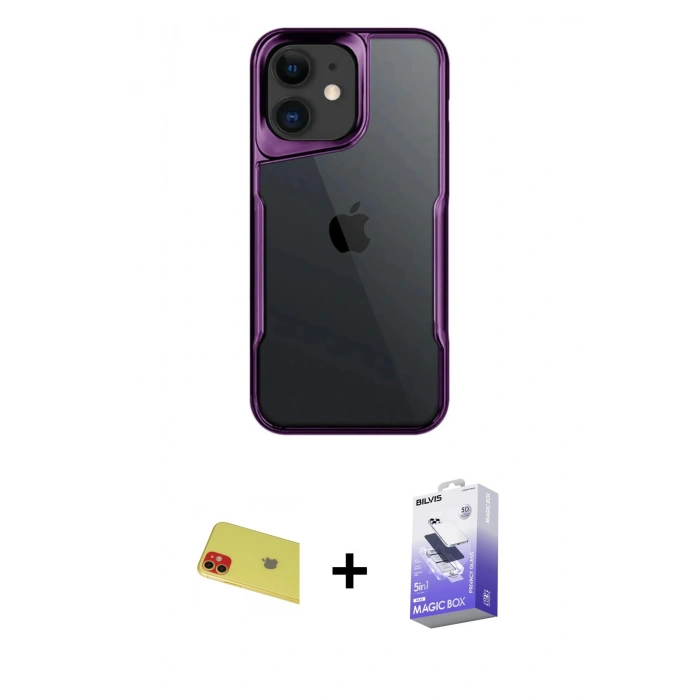 MARSİLYAN™- iPhone 11 Kılıf Akış Çizgi Koleksiyonu - Siyah Bilvis 5in1 5D Magic Hayalet Cam Ekran Koruyucu + Kırmızı Rainbow Kamera Lens Koruma Cam