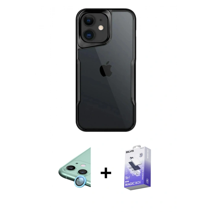 MARSİLYAN™- iPhone 11 Kılıf Akış Çizgi Koleksiyonu - Siyah Bilvis 5in1 5D Magic Hayalet Cam Ekran Koruyucu + Mavi Raze Metal Kamera Lens